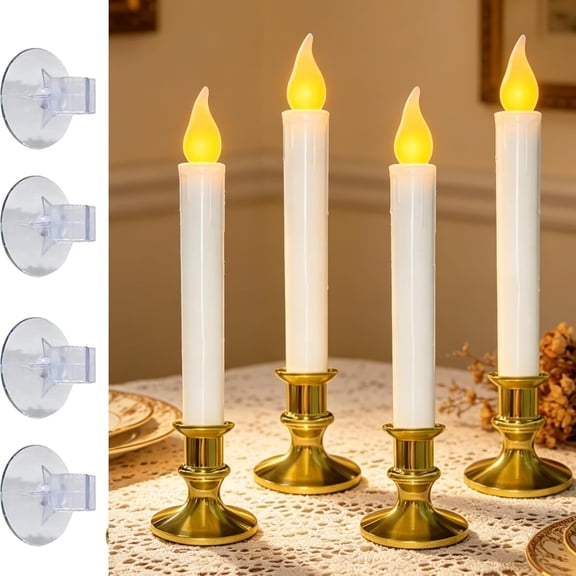 4 Pack 7.75" Battery Operated LED Window Candles with 6H On/18H Off Timer, Warm Yellow Flameless Teardrop Candles with Gold Plated Base, Candle Lamp with 4 Suction Cups for Christmas Home Decor
