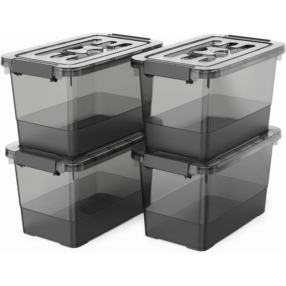 4 Pack 7 Quart Clear Black Storage Bins with Latching , Stackable Plastic Storage Containers for Closet, Pantry & Garage Organization