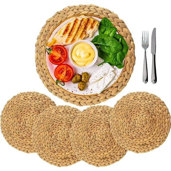 4 Pack 7'' Rattan Tablemats and Woven Placemats - Natural Round Braided Water Hyacinth Weave Placemat - No-Slip Heat Resistant Charger Plate for Table, Coasters, Pots, Pans, Teapots