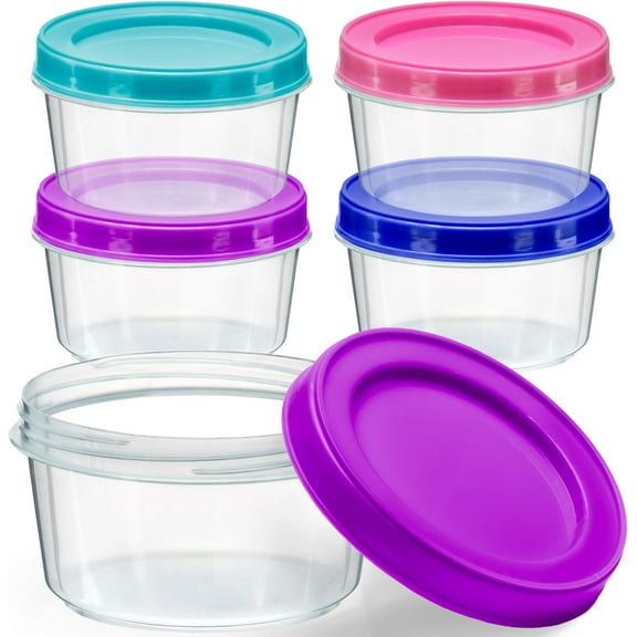 4 Pack - 7 oz Plastic Food Storage Containers with Screw Lids, BPA-Free, Reusable Stackable Jars for Portion Control, Snacks, Travel, Kitchen, Freezer, Art and Craft (Assorted Color)