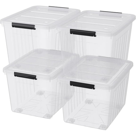 4 Pack 70 L Large Storage Container Bin, Plastic Latching Tote Box with Wheels