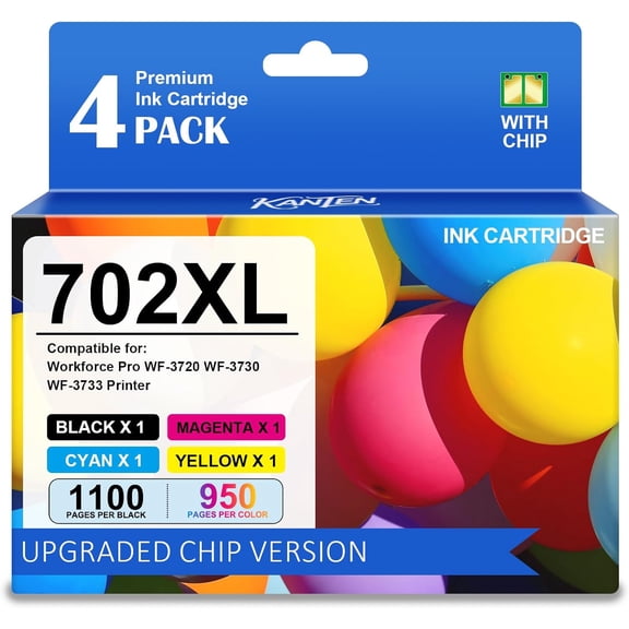 4-Pack 702XL High Yield Ink Cartridges Work Compatible with Epson WorkForce Pro WF-3720 WF-3730 WF-3733 Printers