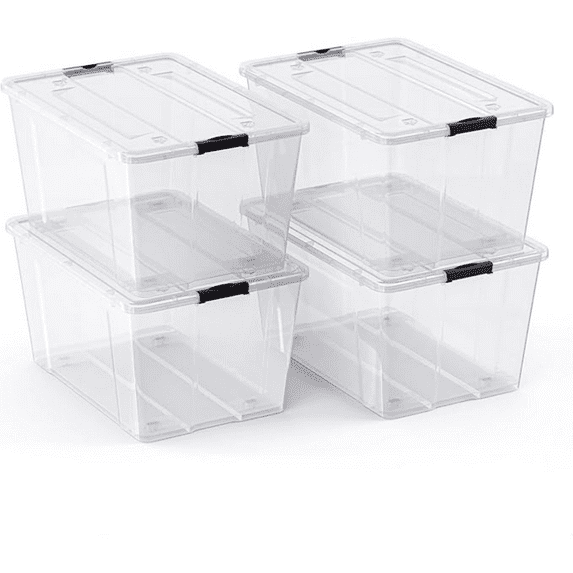 4 Pack - 75 Qt. Plastic Storage Bin Tote Organizing Container with Ultra Durable Lid and Secure Latching Buckles, Stackable Extra Strength Clear with Black Handle