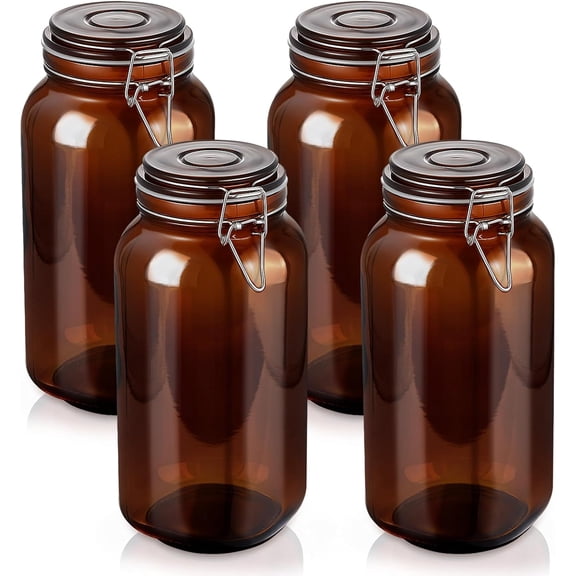 4 Pack 78oz Amber Airtight Glass Jars with Lids, Square Food Storage Container Airtight Food Wire Clip Fastening for Sauerkraut Flour Kitchen Sugar Cereal Kitchen Canning Pickling Mason Jars