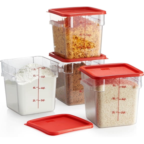 4 Pack 8.0 Qt Square Clear Polycarbonate Food Storage Containers with Red Lids