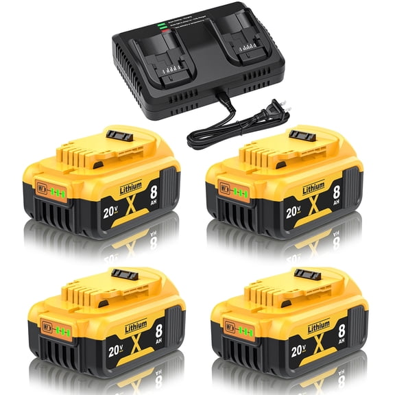 4 Pack 8.0Ah Replacement Battery and Charger for Dewalt 20V Max Batteries DCB200 DCB205-2 DCB206 DCB204 DCB203 DCB208 Compatible with Dewalt 20V Cordless Power Tools