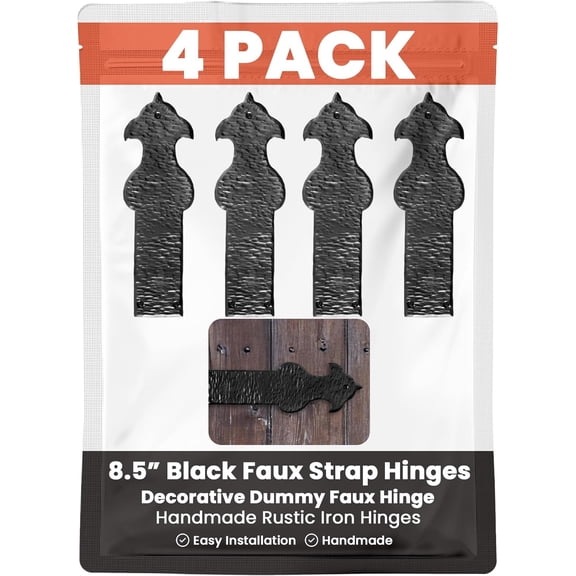 4 Pack 8.5" Black Faux Strap Hinges - Decorative Dummy Faux Hinge  Handmade Rustic Iron Hinges for Farmhouse Shutter, Carriage Doors, Barn Door, Castle Door, and Gate  The Sonora Series