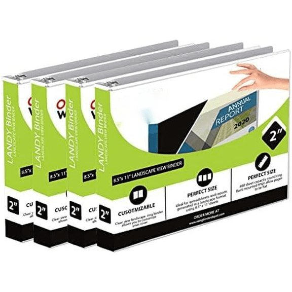 4 Pack of 8.5" X 11" Landscape View 3-Ring Binder 2 Inch Capacity Round Ring, White Horizontal Formatted with Clear Cover Pockets for Documents, Spreadsheets, Projects and More$$Office