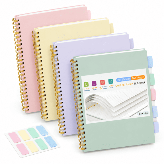 4 Pack 8.5 x 11 in Dotted Spiral Notebook Dot Grid Journal with Sticky Notes