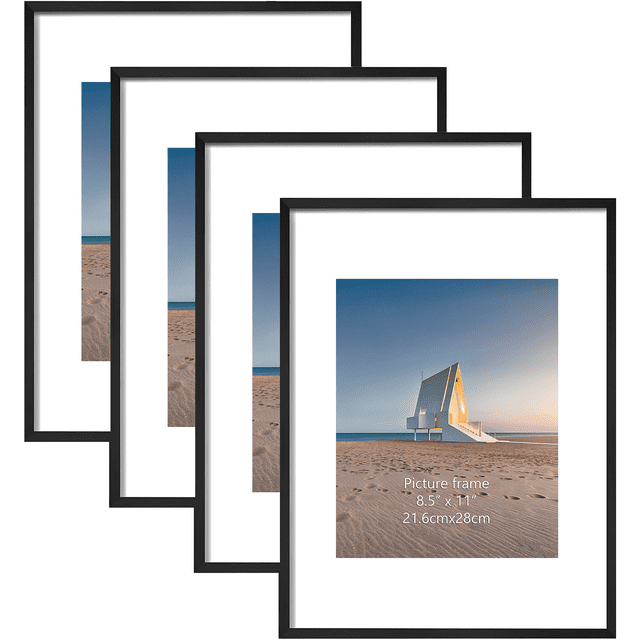 4 Pack 8.5x11 Picture Frame, Black 12x16 Frames Matted to 8.5 by 11