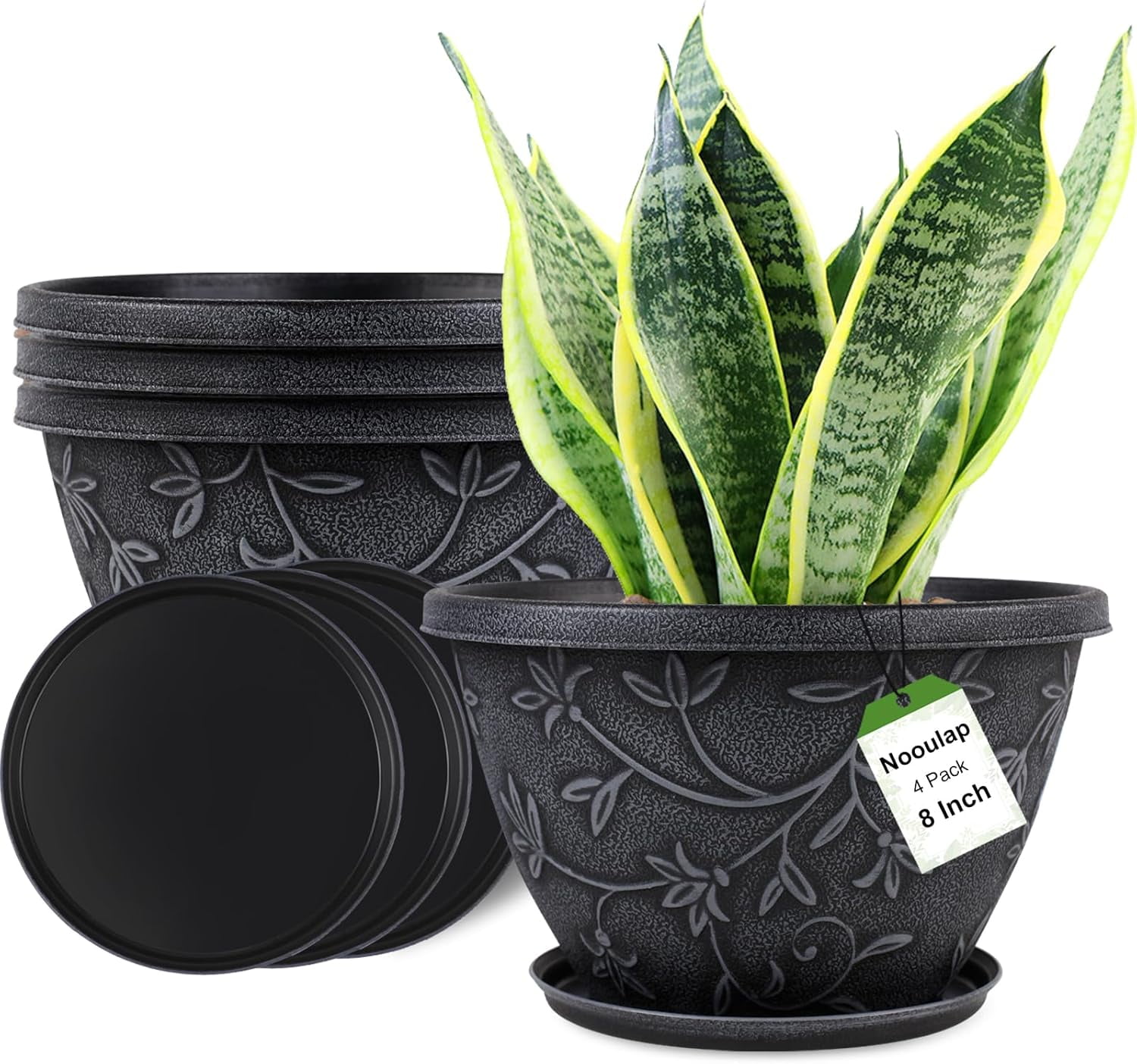4 Pack 8 Inch Flower Pots for Outdoor Indoor, Plastic Plant Pots with ...
