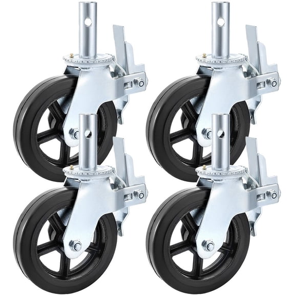 4 Pack 8 Inch Iron Core Polyurethane Swivel Caster Wheels with Dual Locking Brake & Adjustable Legs 1100 LBS Load Capacity per Wheel, Heavy Duty for Industrial Equipment Furniture Cabinets