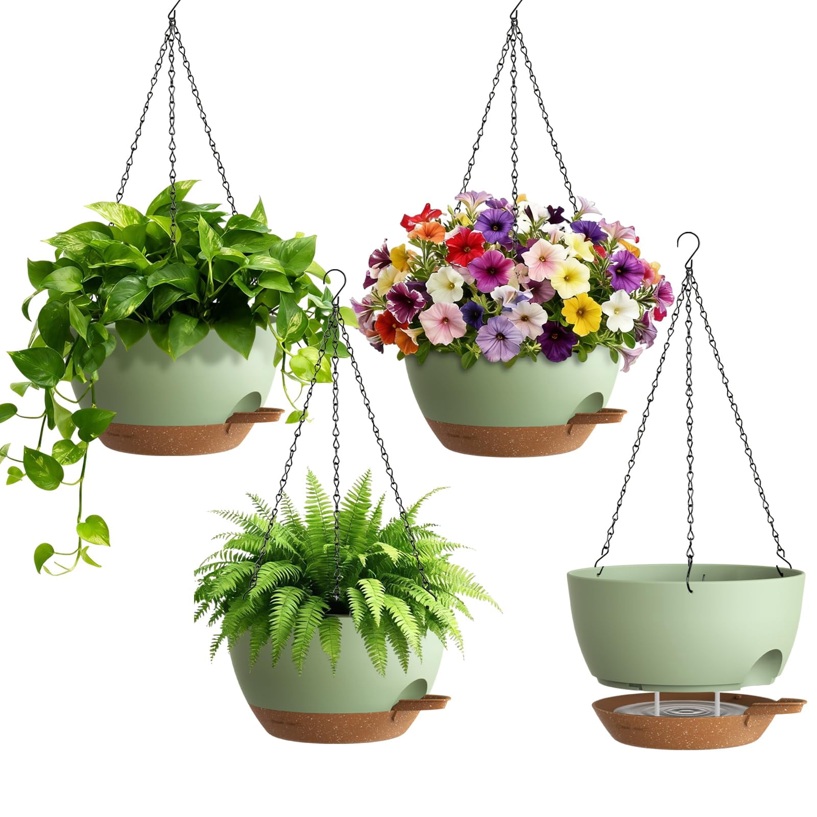 4 Pack 8 Inch Self Watering Hanging Planters For Indoor Outdoor Plants Pots With Drainage Removable Tray  Baskets Flower Pothos Garden Green Brown