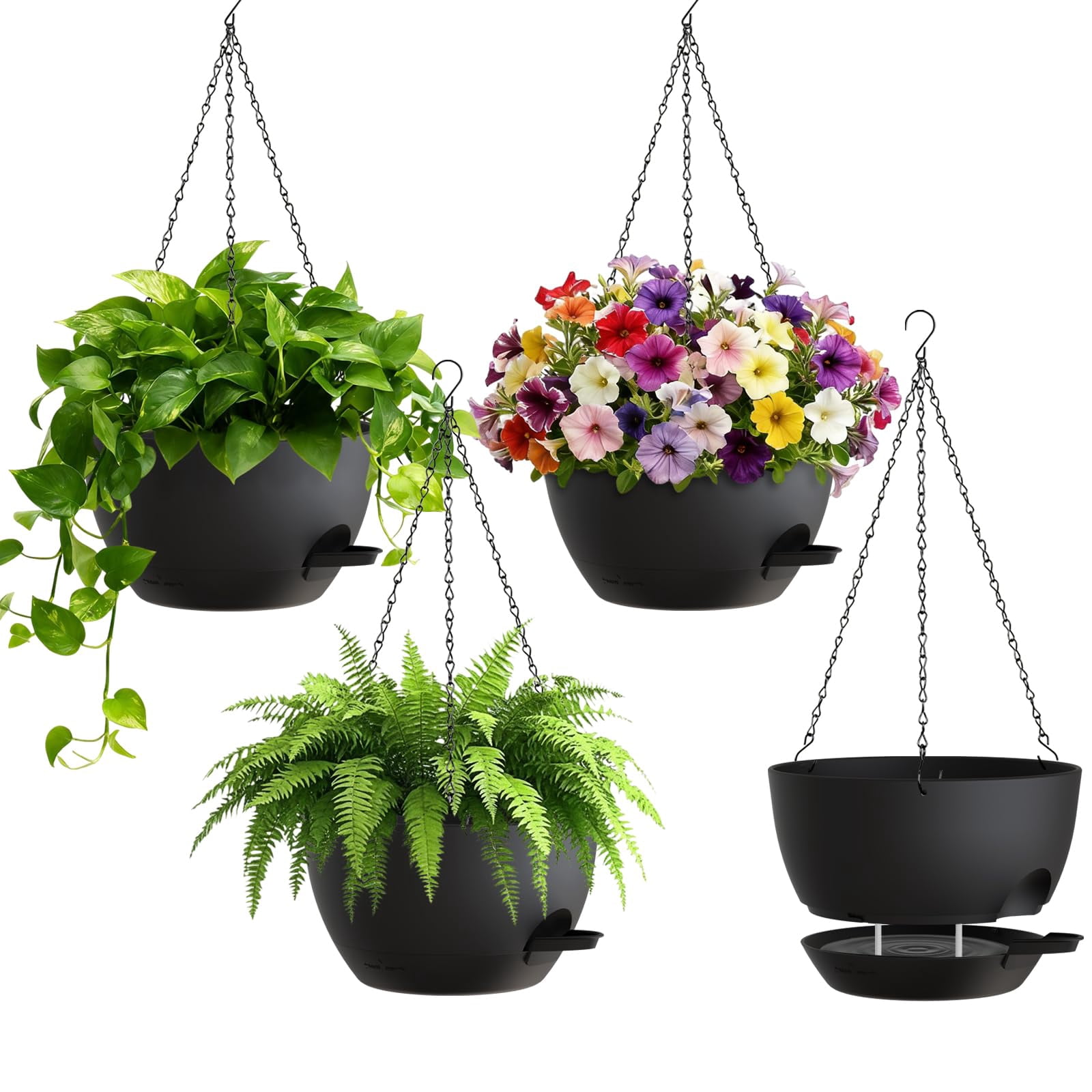 4 Pack 8 Inch Self Watering Hanging Planters For Indoor Outdoor Plants Pots With Drainage Removable Tray  Baskets Flower Ivy Pothos Garden Porch Black