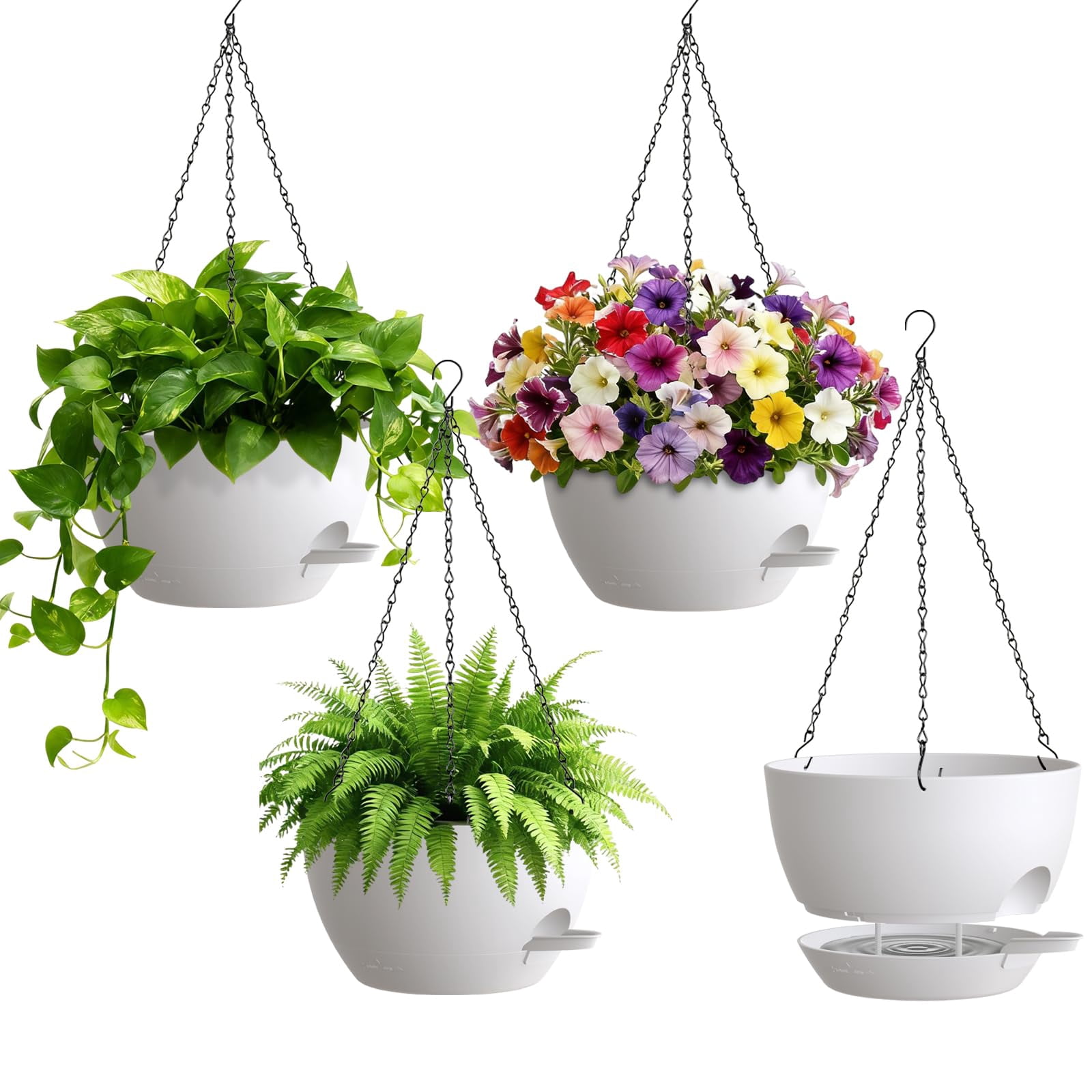 4 Pack 8 Inch Self Watering Hanging Planters For Indoor Outdoor Plants Pots With Drainage Removable Tray  Baskets Flower Ivy Pothos Garden Porch White