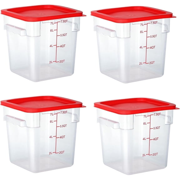 4 Pack 8 Qt Square Clear Polycarbonate Food Storage Containers with Lids Stackable Side Handles and Measurement Scale