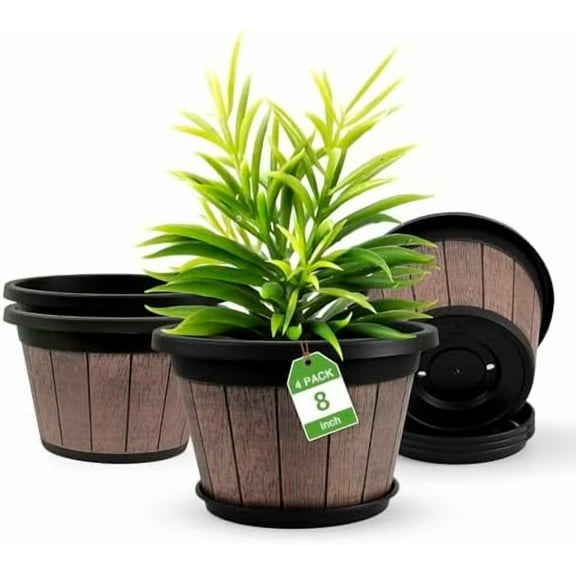 4 Pack 8 inch Plant Pot,Upgrade Whiskey Barrel Planters with Drainage Holes & Saucer,Plastic Decoration Flower Pots Retro Design,Planters for Outdoor Indoor Garden Home Plants (Brown)