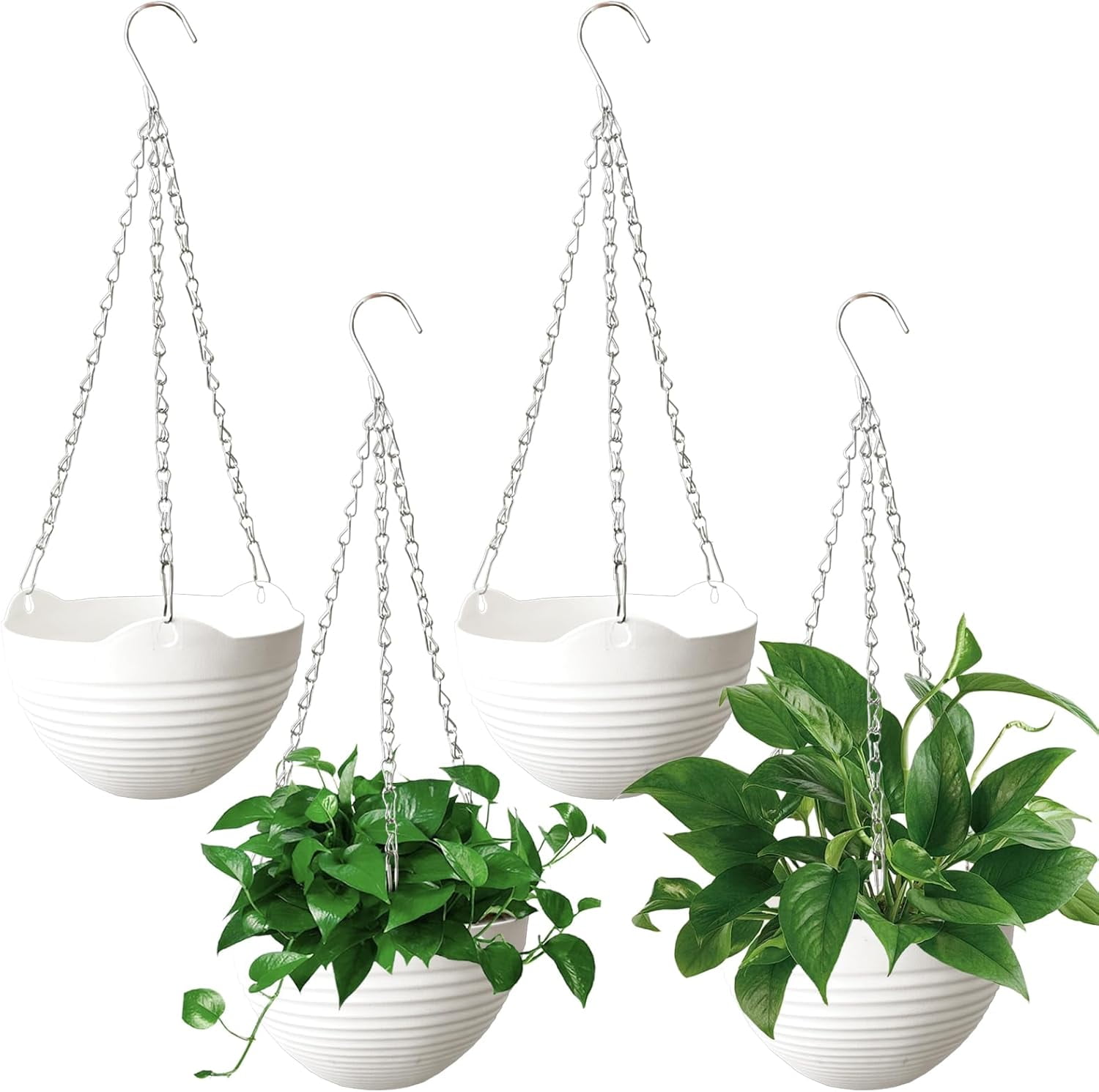 4 Pack 8 inch Plastic Self Watering ,Round Hanging Basket Planter with Drainer and Metal Chain,White Garden Flower Plant Pot Container for Indoor Outdoor Plants