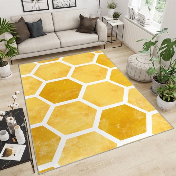 Hexagon Yellow Rugs For Living Room, Honeycomb Area Rugs, Modern Abstract Geometry Rug For Bedroom, Kids Room, Washable Non-Slip Bathroom Carpet For Kitchen Laundry Door Mat 1x2ft