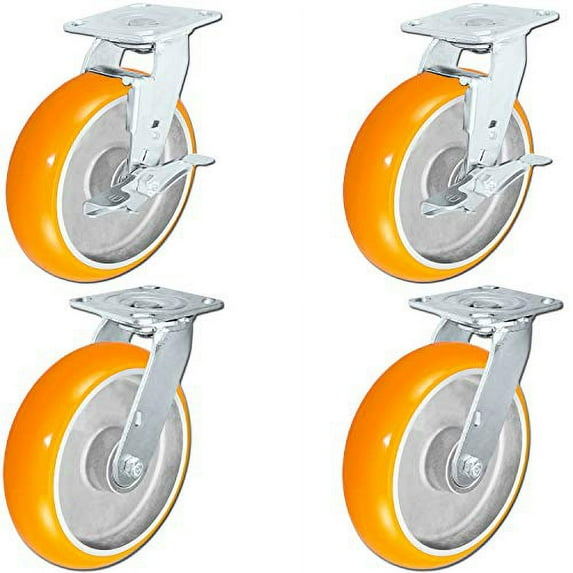 4 Pack - 8" x 2" Non-Marking Orange Tread Polyurethane Casters - 4 Swivel with 2 with Locking Brakes - Heavy Duty Casters