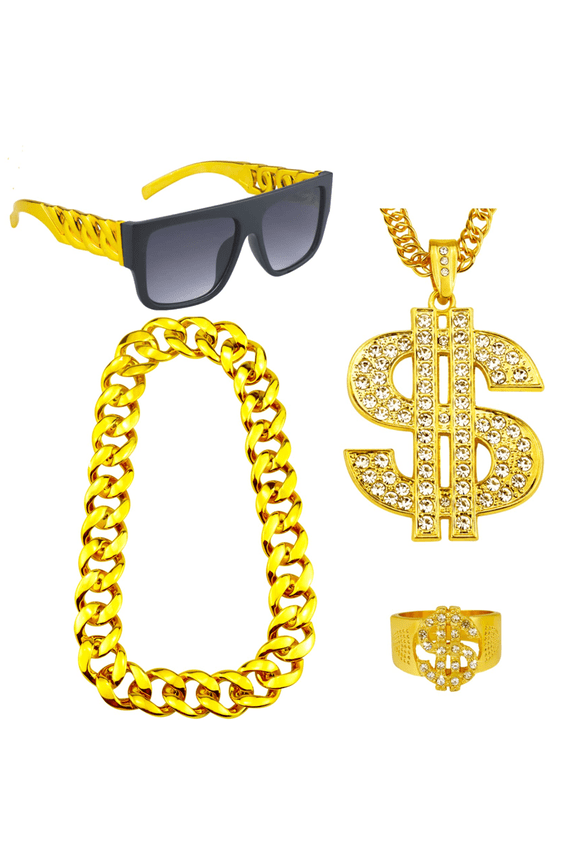 4 Pack 80s 90s Hip Hop Costumes Outfit, Fake Gold Chain Money Chain, Twist Leg Punk Sunglasses, Dollar Sign Finger Ring for Men Women Accessories