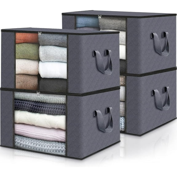 4-Pack 84L Large Fabric Storage Bins, Closet Organizers, Under-Bed Storage, Foldable Clothes Storage Bags with Handles, Containers for Clothing, Quilt, Blanket, Comforters, Bedding, Gray