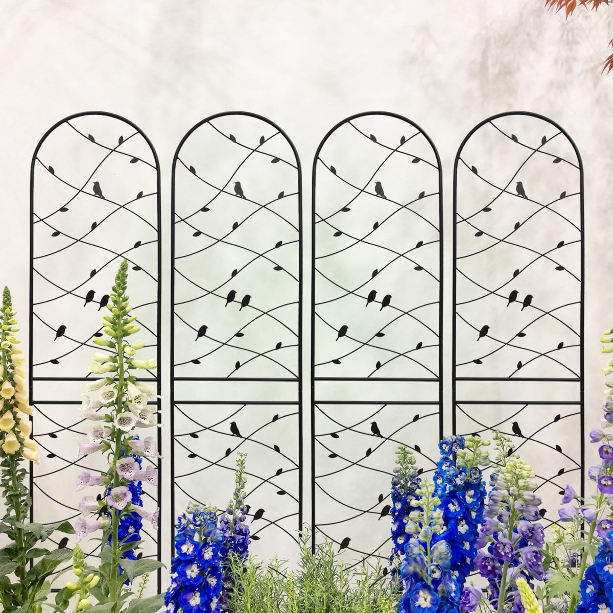 4-Pack 86.7"H×19.7"W Black Metal Garden Trellis Bird Decor Rustproof Support for Outdoor Climbing Plants