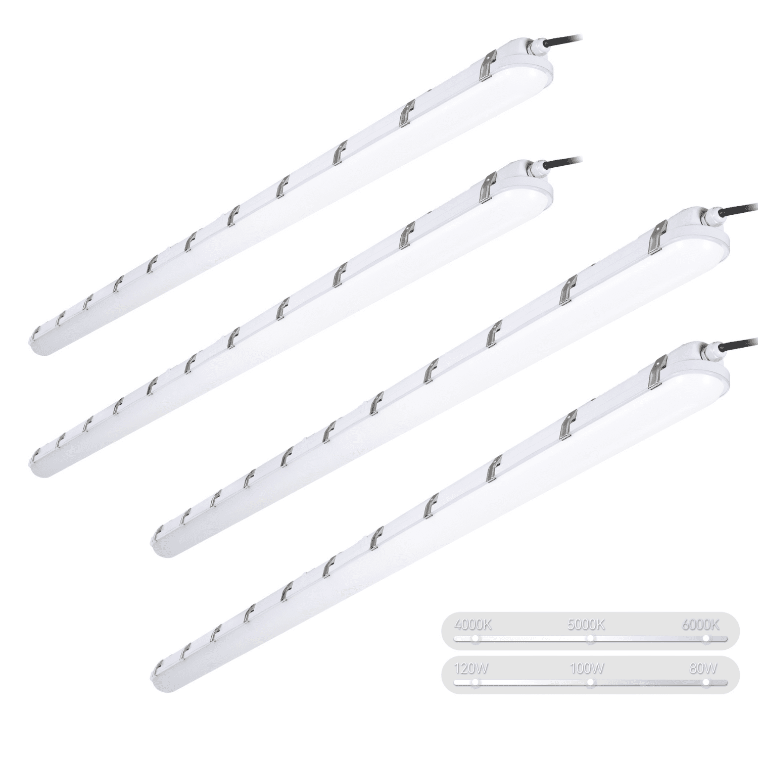 4 Pack 8FT 120W/100W/80W LED Vapor Proof Tight Light, 0-10V Dimmable, 120-277V, IP65 Waterproof Shop Light, 4000K/5000K/6000K Selectable