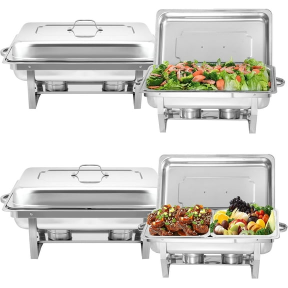 4 Pack 8QT Chafing Dish Buffet Set, Stainless Steel Buffet Warmer Sets, Silver Food Warmer with Foldable Frame Fuel Holder for Parties (2 Pack Full Pan + 2 Pack 1/2 Size Pan)