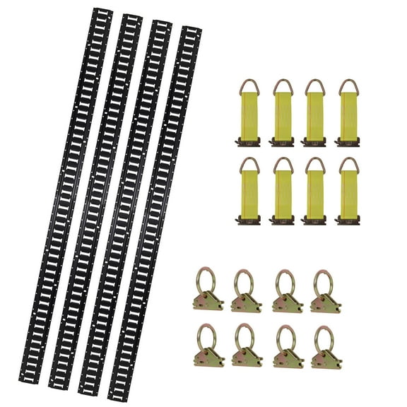(4 Pack) 8ft E Track Tie-Down Rail Kit,Indoor E Track  for Garages, Vans, Trailers, Motorcycle Tie Downs, ATV Mountings, with O-Ring and Rope Tie Offs