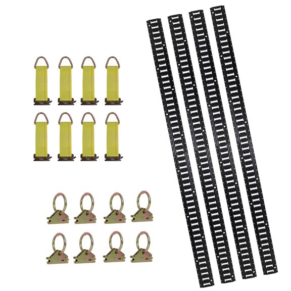 (4 Pack) 8ft E Track Tie-Down Rail Kit with 8 Steel O-Ring Anchors and 8 Rope Tie Offs for 2,000lbs Capacity in Garages, Vans, Trailers