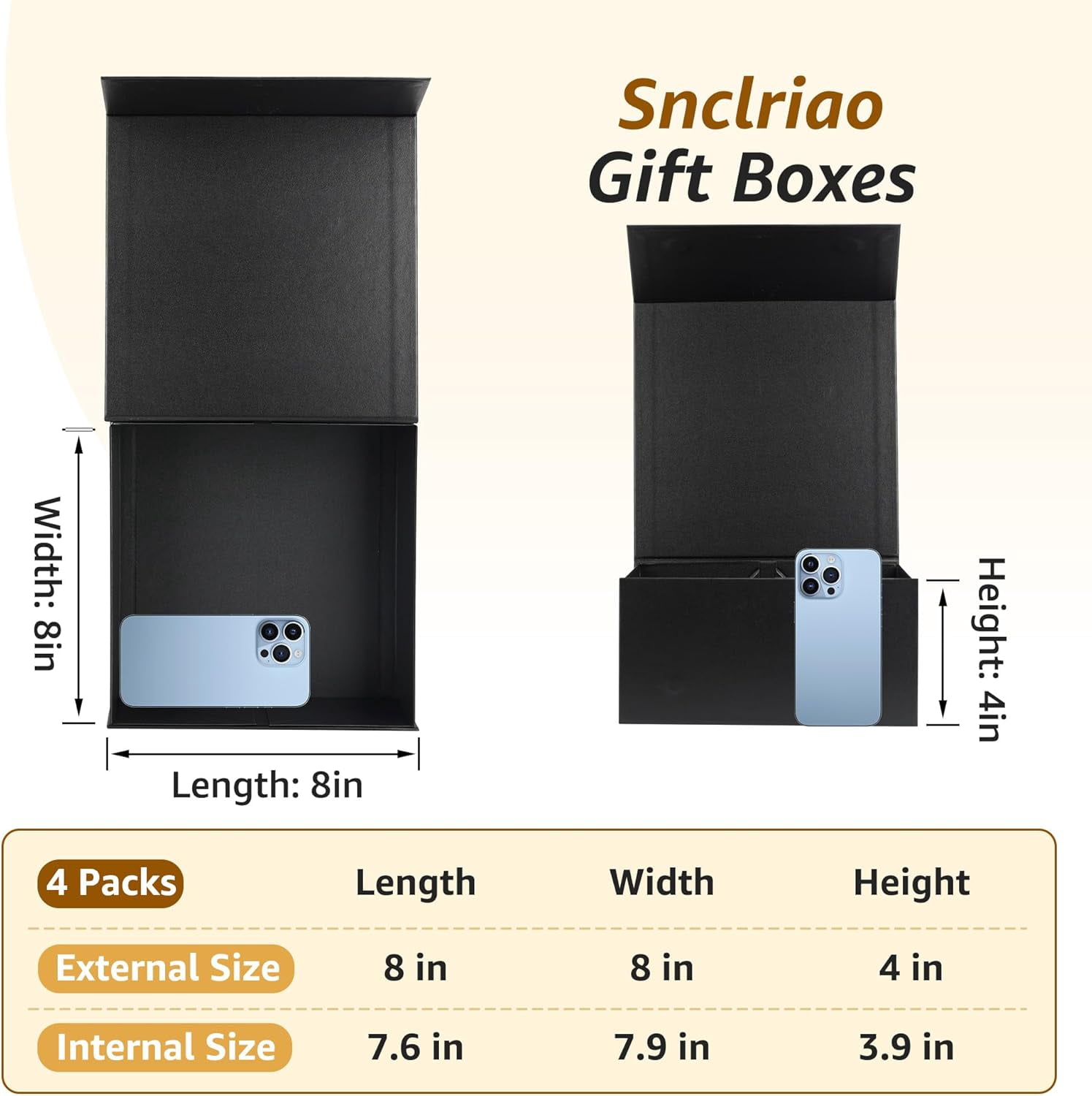 4 Pack 8x8x4 Inches Black Gift Boxes and 4 Pack 9.5x7x4 Inch Blue Gift ...