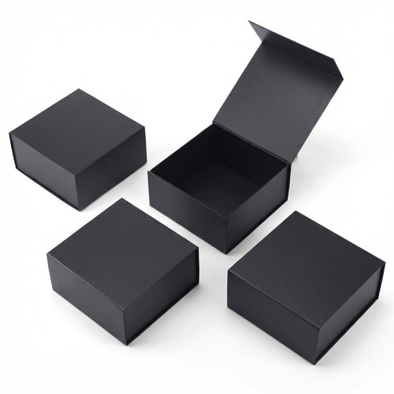 4-Pack 8x8x4 Magnetic Gift Box Set - Waterproof & Reusable Black Cardboard Shipping Boxes