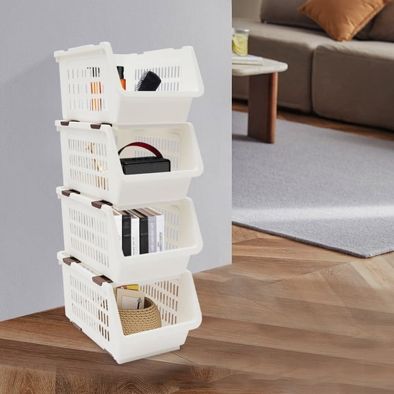 4 Pack 9.5*13.4*29.9in Floor Standing Stackable Organizer Baskets Rectangular White PP Stackable Storage Bins