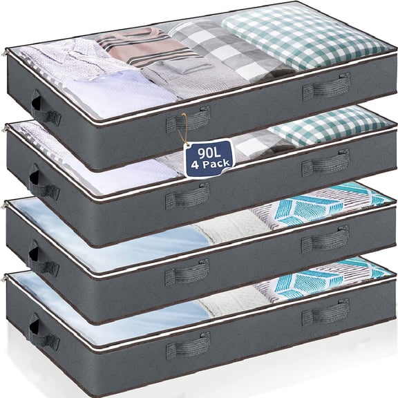 HadinEEon 4 Pack 90L Under Bed Storage Bags with Reinforced Handles, Visible Underbed Storage, Breathable Non-woven Closet Storage for Blanket, Comforter, Bedding