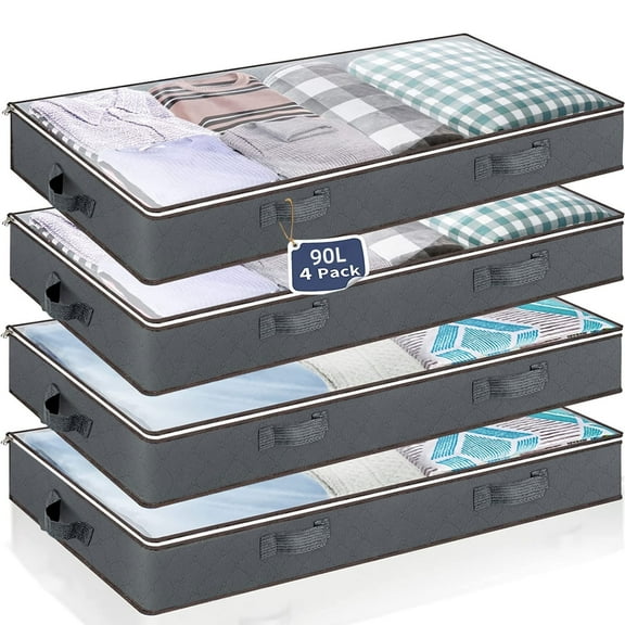 HadinEEon 4 Pack 90L Under Bed Storage Bags with Reinforced Handles, Visible Underbed Storage, Breathable Non-woven Closet Storage for Blanket, Comforter, Bedding