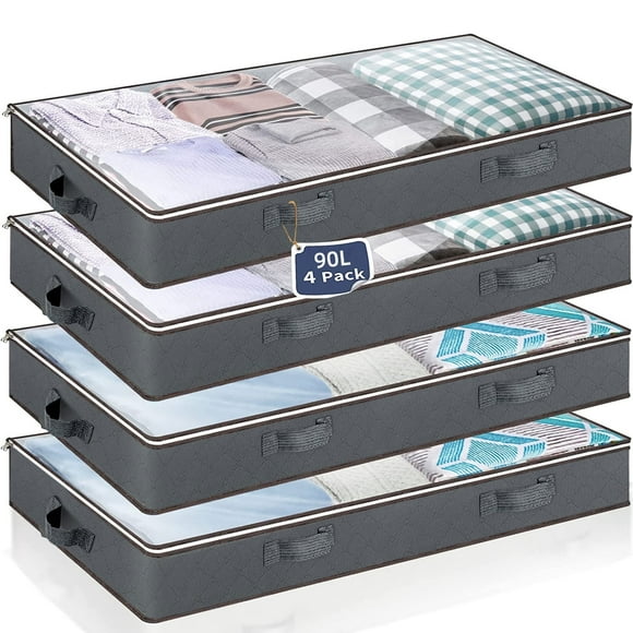 HadinEEon 4 Pack 90L Under Bed Storage Bags with Reinforced Handles, Visible Underbed Storage, Breathable Non-woven Closet Storage for Blanket, Comforter, Bedding