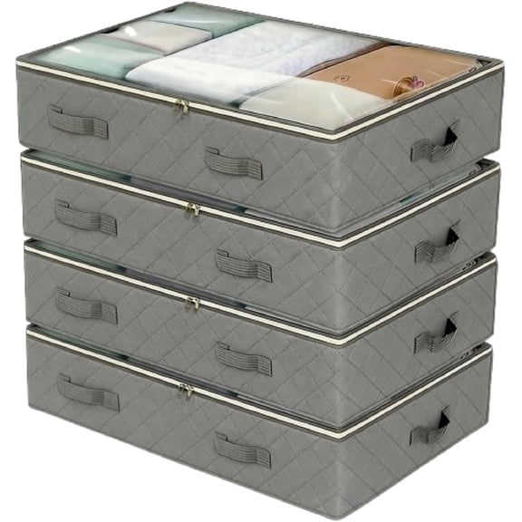 4 Pack 90L Under Bed Storage, Closet Organizers and Storage Containers with Clear Window Foldable Underbed Storage Bags for Clothes,Shoes, Blankets Pillows, Linen Sheets, Grey