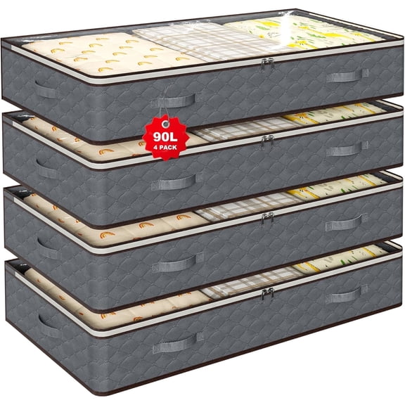 4 Pack 90L Under Bed Storage Containers 4-Pack, Large Capacity Closet Organizers and Storage Bins with Visible Transparent Top & Secure Lids, Grey, Perfect for Storing Clothes, Shoes, Blankets, Pillo