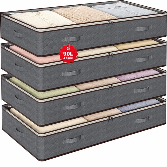 4 Pack 90L Under Bed Storage Containers 4-Pack, Large Capacity Closet Organizers and Storage Bins with Visible Transparent Top & Secure Lids, Grey, Perfect for Storing Clothes, Shoes, Blankets, Pillo