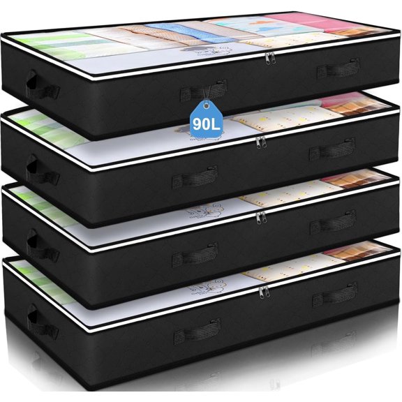 4 Pack 90L Under Bed Storage Containers, Closet Organizers and Storage Bins, Foldable Underbed Storage Bags for Wrapping Paper, Blanket, Clothing, Comforter, Sweaters, Pillows, Linen Sheets