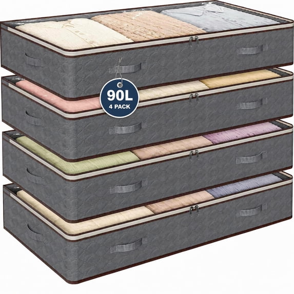 4-Pack 90L Large Foldable Under Bed Storage Containers, Clear Transparent Top & Secure Lid Dustproof Storage Bins,Grey Breathable Closet Organizers for Clothes, Blankets, Pillows, Shoes
