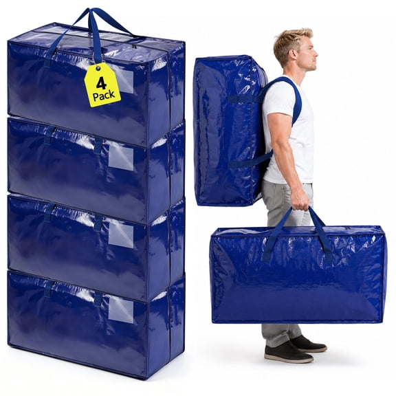 4 Pack 95L Extra Large Heavy Duty Moving Storage Bags, 100 lbs Waterproof Reusable Totes with Reinforced Handles & Strong Zippers, Moving Box Alternative for Household Use, Blue