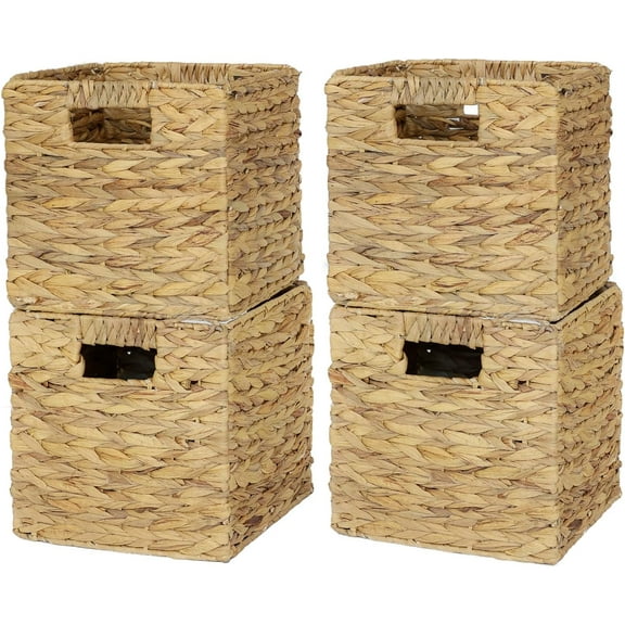 4 Pack 9in Wicker Storage Cubes, Water Hyacinth Baskets, Foldable Wicker Baskets, Storage Basket with Built-in Handles, Handwoven Natural Basket for Shelves, Outdoor