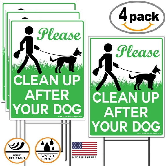 4-Pack 9x12" Please Clean Up After Your Dog No Pooping Dog Lawn Signs with Metal Wire H-Stakes Stands Included