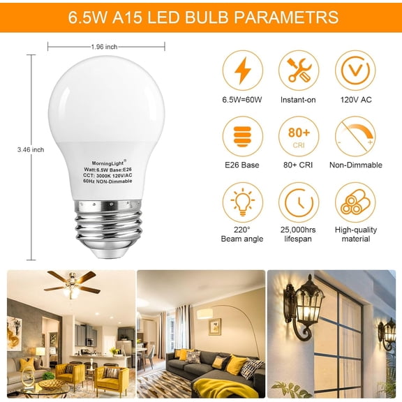 4 Pack A15 Light Bulbs 60 Watt Equivalent, Soft White 3000K LED Light Bulb, Non-Dimmable, 600 Lumens, E26 Base, A15 6.5W LED Light Bulbs 60 Watt for Ceiling Fan, Enclosed Fixture