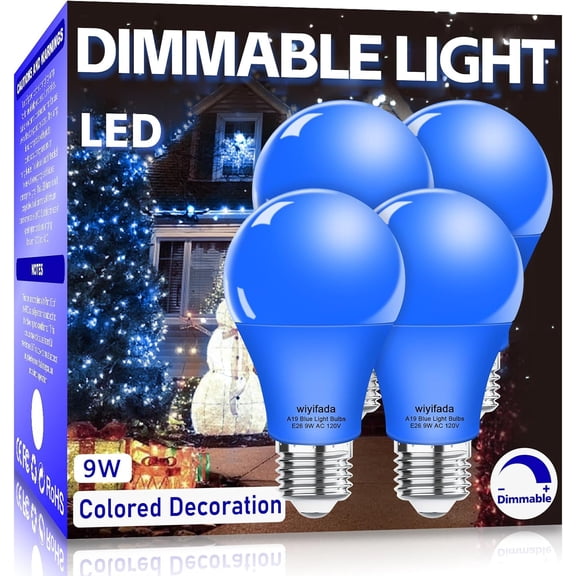 4 Pack A19 LED Blue Light Bulbs,120V E26 Christmas Blue LED Lights 9W Replace up to 100W,Dimmable Colored Light Bulbs for Thanksgiving Day, Home Lighting, Party Decoration, Holiday Lighting