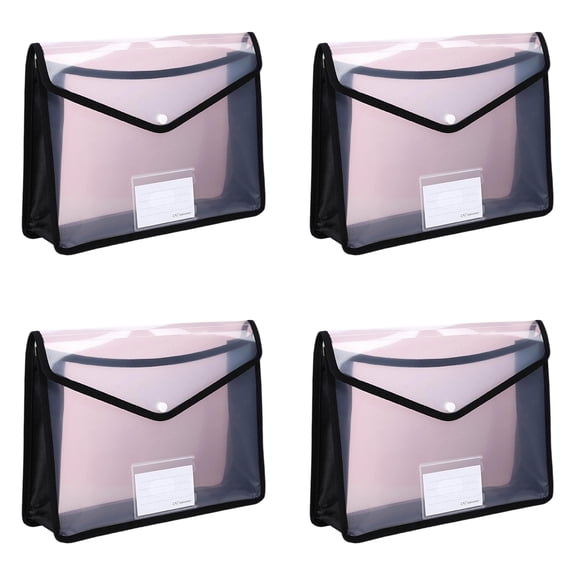 4 Pack A4 Expandable Plastic File Organizer Folders,Thick Durable Secure Closure Label Area Color Coded File Folder,Transparent Document Holders Waterproof Filing Pouches Paper Storage Bags,Black