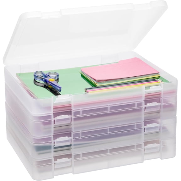 4 Pack A4 Paper Storage Boxes with Lids, Thick Plastic Scrapbook Paper Organizer, Stackable 12.7 x 9.5 x 1.8 in File Storage for 8.5x11 Documents, School & Craft Supplies