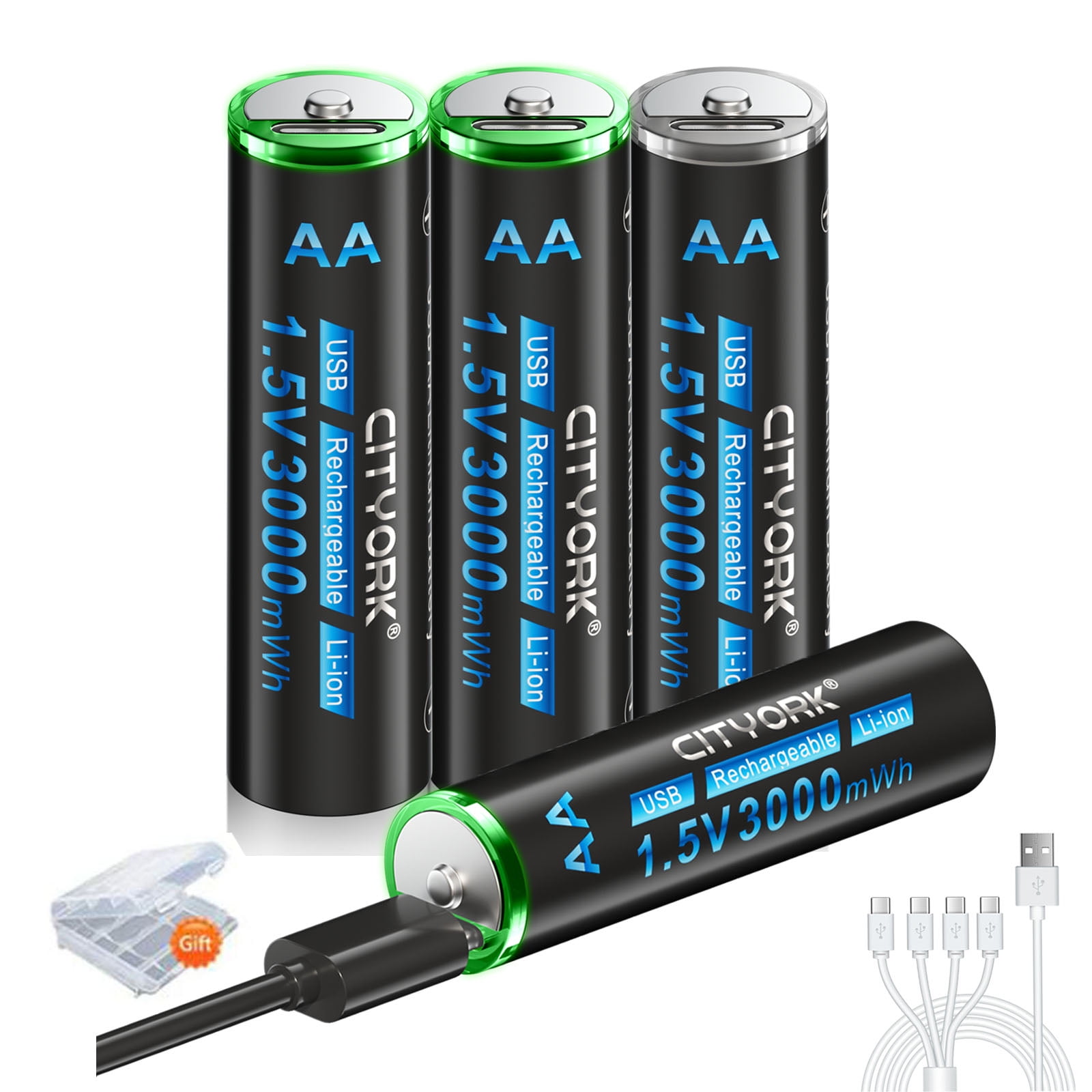 4 Pack AA Batteries TypeC USB 3000mWh 1.5V Lithium High Capacity AA